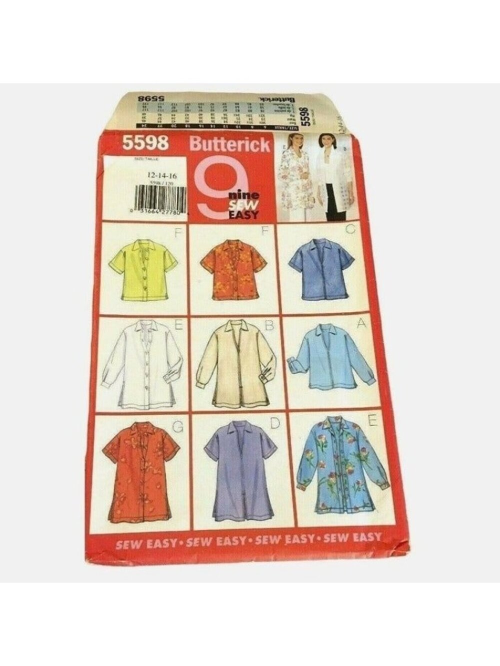 Vintage Sewing Pattern Butterick 5598 Misses Oversize Shirt Size 12-16 Spring UC